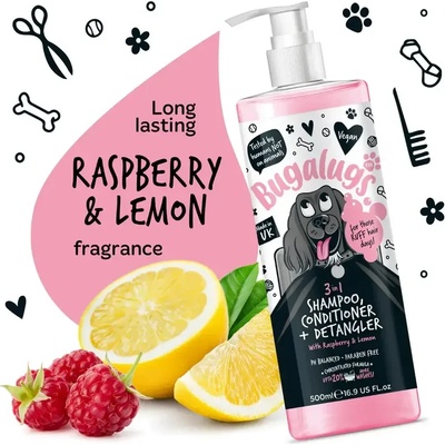 Bugalugs 3-in-1 Raspberry & Lemon Dog Shampoo, Conditioner & Detangler - Шампоан, Балсам и Спрей за Разресване