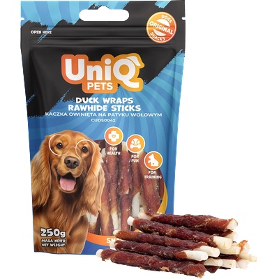 Uniq Pets Dog Snacks Woofers Duck Wraps Rawhide Sticks дъвчащи стикове за кучета с патица, 250 г