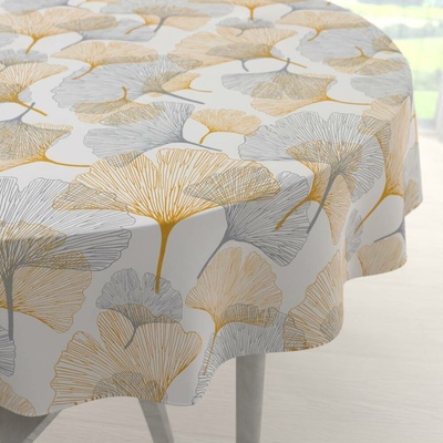 Biante bavlna kulatý ubrus Sandra SA-745 Šedo-hořčicové ginkgo listy na bílém Ø 100 cm
