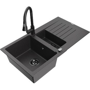 Mexen Matias гранитна мивка с 1, 5 камери и отцедник и кухненски смесител Elia, черно пъстра - 6502-76-670101-70-B (6502-76-670101-70-B)