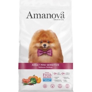 Amanova adult mini sensitive salmon deluxe - пълноценна храна за пораснали кучета от мини породи с чувствителна кожа, със Сьомга и тиква - 7 кг, Испания - 33190