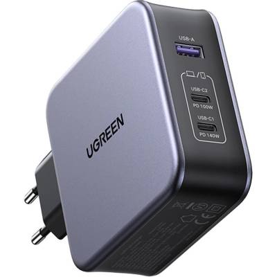 UGREEN Nexode GaN Fast Wall Charger 140W - захранване за ел. мрежа за лаптопи, смартфони и таблети с USB-A и 3xUSB-C изходи с технология за бързо зареждане и USB-C към USB-C кабел (черен)