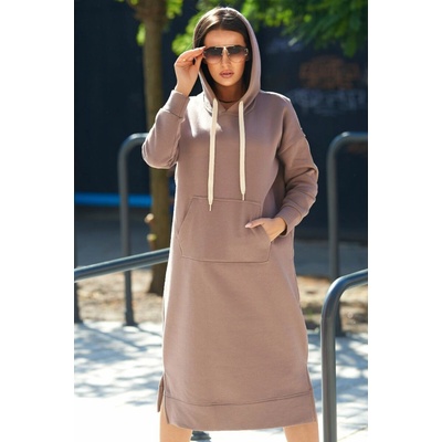 Fashionweek Talianske teplákové dlhé zateplené šaty s kapucňou K9623 cappuccino