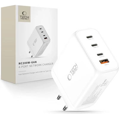 Tech-Protect nc200w-gan 4-портово мрежово зарядно pd 200w / qc3.0 бяло (5906302352357)
