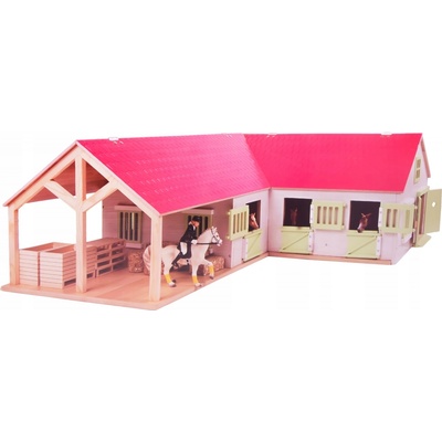 Kids Globe Stodola so stajňami pre kone a ružovou strechou 1:24