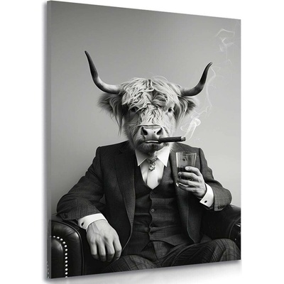 Obraz kráva v obleku s doutníkem a whisky - 40x60