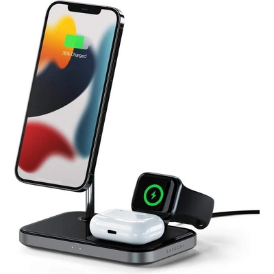 Satechi 3-in-1 Magnetic Wireless Charging Stand - тройна поставка (пад) за безжично зареждане за iPhone с Magsafe, Apple Watch и AirPods Pro (тъмносив)