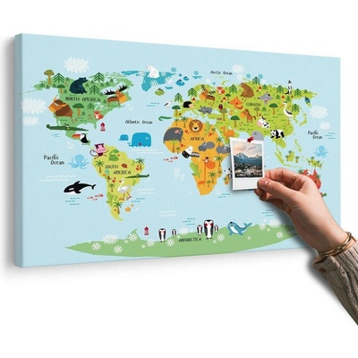 Obraz na korku dětská mapa světa se zvířátky - 120x80 transparent