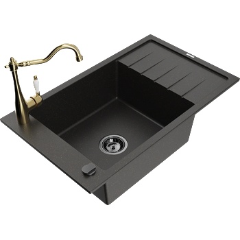 Mexen Elias гранитна мивка с 1 корито с отцедник и кухненски смесител Carla, черен/златен металик - 6511-75-670700-50-B (6511-75-670700-50-B)