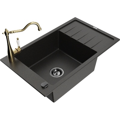 Mexen Elias гранитна мивка с 1 корито с отцедник и кухненски смесител Carla, черен/златен металик - 6511-75-670700-50-B (6511-75-670700-50-B)