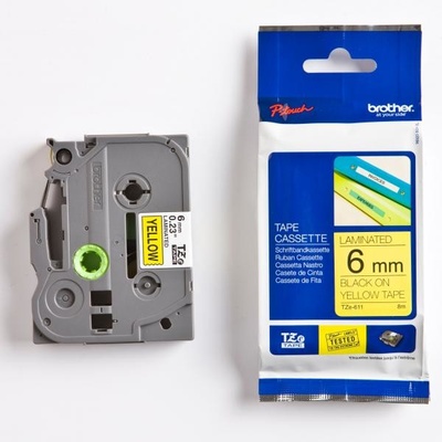 Páska do štítkovače Brother TZe-611, 6mm, černý tisk/žlutý podklad, originál
