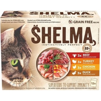 Partner in Pet Food SHELMA Pouch GRAIN FREE - кутия паучове за котки, БЕЗ ЗЪРНО, 88% продукти от животински произход, 3 говеждо, 3 пуйка, 3 пиле, 3 патица - 12 х 85 гр - 40676