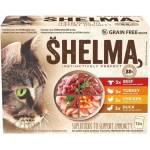 Partner in Pet Food SHELMA Pouch GRAIN FREE - кутия паучове за котки, БЕЗ ЗЪРНО, 88% продукти от животински произход, 3 говеждо, 3 пуйка, 3 пиле, 3 патица - 12 х 85 гр - 40676