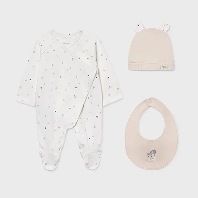 Mayoral Сет ромпър с шапка и лигавник в мръсно бяло за новородено бебе Mayoral