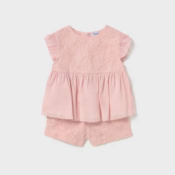 Mayoral Комплект бермуди бродерия и разкроена тениска в розово за мини момиче Майорал