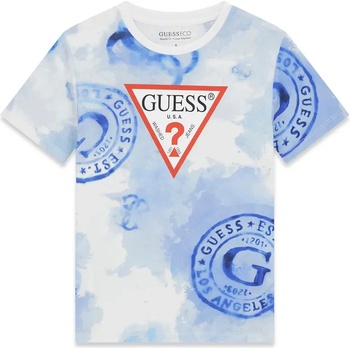GUESS Бяла тениска за момче със сини печати Guess и червено лого