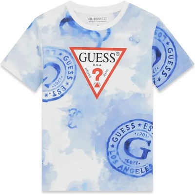 GUESS Бяла тениска за момче със сини печати Guess и червено лого