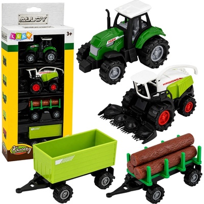 Tomido Sada zemědělských autíček Traktor Sekačka Přívěs na dřevo 1:68 4 ks