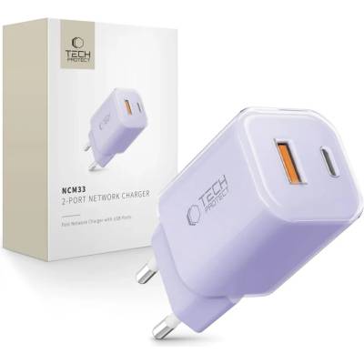 Tech-Protect NCM33 мрежово зарядно устройство 2 порта PD 33W / QC3.0 бебешко лилаво