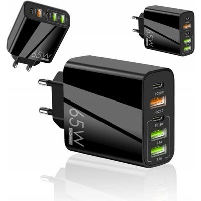 65W SZYBKA ŁADOWARKA SIECIOWA 2X USB-C POWERDELIVERY 3X USB-A QC 3.0 CZARNA