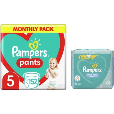 Pampers Памперс гащи Pampers Pants - Размер 5, 152 броя + мокри кърпички Fresh Clean, 6 х 52 броя (1100000251 + 1100004152)