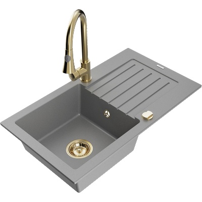 Mexen Pablo гранитна кухненска мивка с 1 корито, с отцедник и кухненски смесител Elia, сива - 6510-71-670101-50 (6510-71-670101-50)
