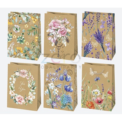 Taška papírová dárková 23x32x11 cm (eko) - přírodní s kytkami (mix 2)