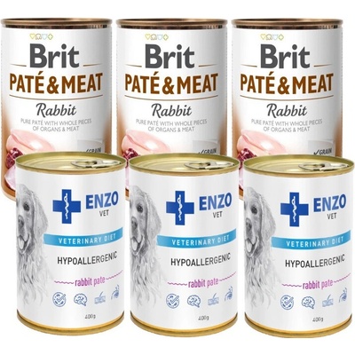 Brit Paté & Meat Rabbit 3 x 400 g & Enzo Vet Hypoalergénne krmivo s králikom 3 x 400 g
