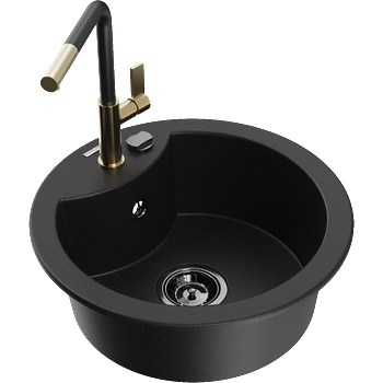 Mexen Diego гранитна мивка с 1 корито и кухненски смесител Flora, черен - 6512-77-670401-57-B (6512-77-670401-57-B)