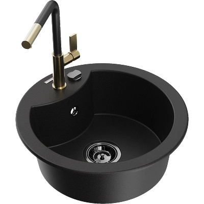 Mexen Diego гранитна мивка с 1 корито и кухненски смесител Flora, черен - 6512-77-670401-57-B (6512-77-670401-57-B)