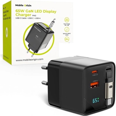 Mobile Origin Захранване за ел. мрежа с USB-A и USB-C изходи и вграден USB-C кабел - Mobile Origin PW2 GaN Display Wall Charger 65W (черен) (MO-65WDCH-PW2)