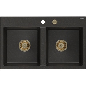 Mexen Hektor гранитна мивка с 2 камери 800 x 480 mm, черно/златист металик, златен (6521802000-75-G) Мивка за вграждане