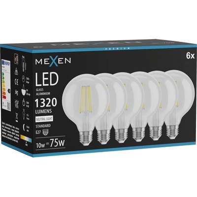 Mexen Vintis 6x LED филаментна крушка E27, G95, 10W, неутрална - 4000K, 1320 lm, прозрачна (L157-E27-1040-00x06)