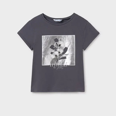 MAYORAL Черна тениска къс ръкав бродерия цветя в сиво и бежово за момиче Майорал