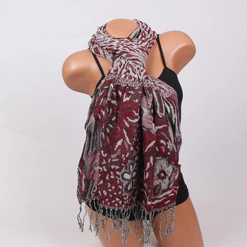 Image 1 of Червен шал с цветя, орнаменти и ламе