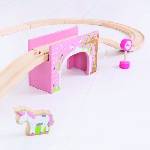 Bigjigs Toys - Дървен тухлен мост с релси и аксесоари - Розов (BJT239)