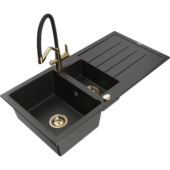 Mexen Andres гранитна мивка с 1, 5 камери с отцедник и кухненски смесител Duo, черен/златен металик - 6515-75-671701-57-G (6515-75-671701-57-G)
