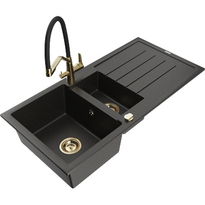 Mexen Andres гранитна мивка с 1, 5 камери с отцедник и кухненски смесител Duo, черен/златен металик - 6515-75-671701-57-G (6515-75-671701-57-G)