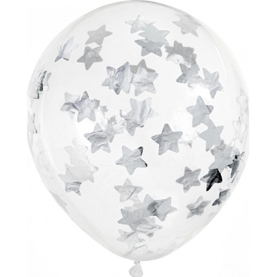 PartyDeco Balón s konfetami Hviezdičky strieborné 30cm