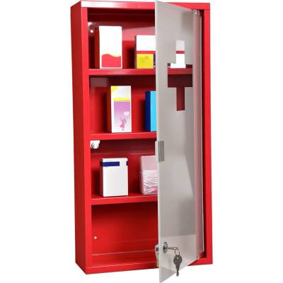 Homcom Lékárnička se 3 úrovněmi se zámkem s dvířky z matného skla Ocel červená 27 x 57 x 12 cm