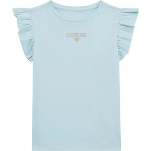 GUESS Бледо синя тениска за мини момиче с воали и златист надпис Guess