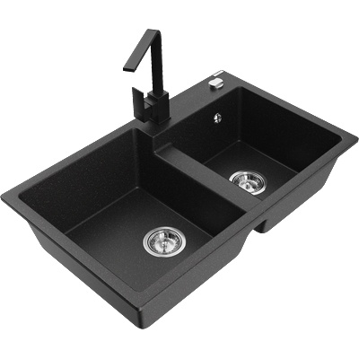 Mexen Tomas двукоморна мивка от гранит с кухненски смесител Rita, черен/сребърен металик - 6516-73-670300-70 (6516-73-670300-70)