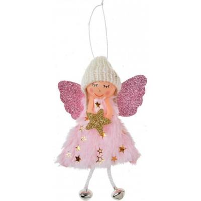 Clayre & Eef Růžová látková závěsná dekorace anděl s hvězdičkou - 8*3*15 cm - Clayre & Eef