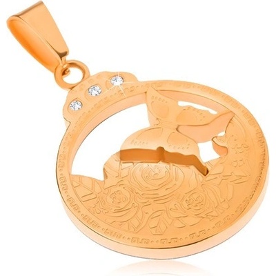 Šperky eshop Gravírovaný ocelový přívěsek zlaté barvy motýl květiny čiré zirkony S46.03