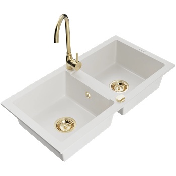 Mexen Mario гранитна кухненска мивка с 2 камери с батерия Telma, бяла (6504-20-670200-50)