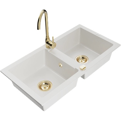 Mexen Mario гранитна кухненска мивка с 2 камери с батерия Telma, бяла (6504-20-670200-50)