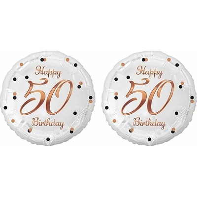 GoDan Balón fóliový biely 50 rokov happy birthday narodeniny, ružovo-zlatý nápis, 45 cm