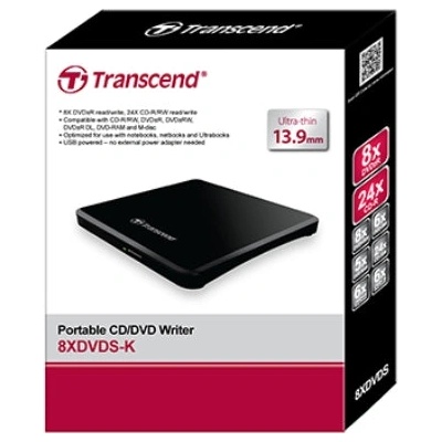 Transcend Оптично устройство Transcend 8X DVD, Slim Type, USB (Black), 13.9mm Thickness (TS8XDVDS-K)
