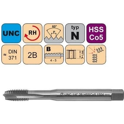 NÁSTROJE CZ Závitník strojní UNC No.6-32 2B HSSCo5 DIN 371 B - 1504 - CZZ1504-UNC-6-32-2B