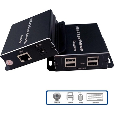 Estillo USB Extender (усилвател) ESTILLO ASKHU04-USB 1x4, усилва USB сигнал до 100 м по UTP кабел CAT5e/6 (EST-USB-EXTENDER-1-4)
